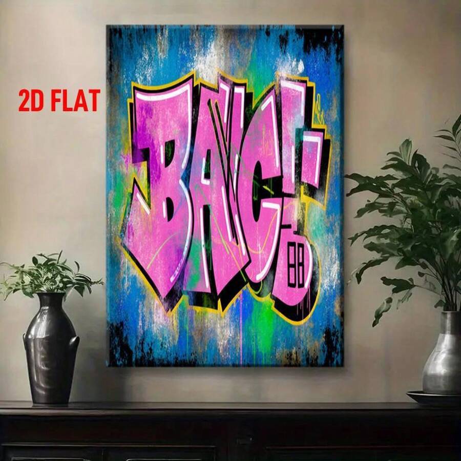 Arte de pared de graffiti urbano - Letras de graffiti planas 2D con BAC en rosa, azul, verde y negro sobre turquesa - Pintura en lienzo envuelta en marco de madera para decoración moderna - Señalización de estilo artístico - Sala de estar, estudio, oficina, palabra de graffiti, 2D plano - transparente - Ver 1