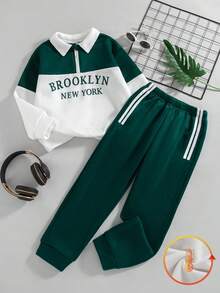 2pcs/Set Toddler Boys' Casual Colorblock Letter Print Zip-Up Raglan Sleeve Top And Pants Set, Fleece Hoodie Sweatsuit For Autumn/Winter - Green - View 1