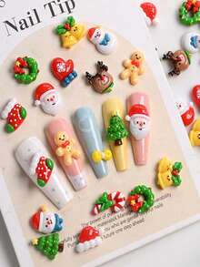 12格3D可爱混合圣诞美甲饰品，卡通圣诞老人麋鹿铃铛设计树脂饰品，可爱美甲配件，3D树脂卡通节日美甲用品 - 彩色 - 查看 5