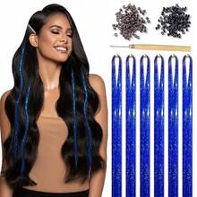 Hair Tinsel Kit, Fairy Tinsel Hair Extensions With Tool 1200 Strands 48In Blue Hair Tinsel Heat Resistant, Glitter Hair Extensions For Women, Accessories For Halloween Christmas Cosplay Party,Blue-A - 藍色A - 查看 2