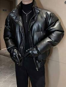 Winter, Christmas, New Style, PU Leather, Fashionable, High-End, Solid Color, Stand Up Collar, Handsome, Street, Casual, Warm, Short, Cotton Jacket, Men's Coat - 黑色 - 查看 2