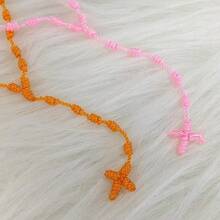 Handmade Irregular Catholic Cord Rosary Necklace Knotted Rope Rosary Cross Knot Necklace Set Black Knotted Cord Rope Beads Large And Strong For Men Women,OrangeAndPink - 橙粉紅色 - 查看 3