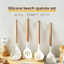 Wooden Handle Silicone Kitchen Utensils, Heat Resistant Non-Stick Cookware Spatula, Ladle, Cooking Spoon Set