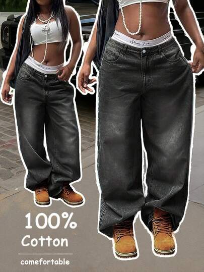 Women's Y2K Washed Vintage Wide Leg Jeans, Casual Street Style, Autumn