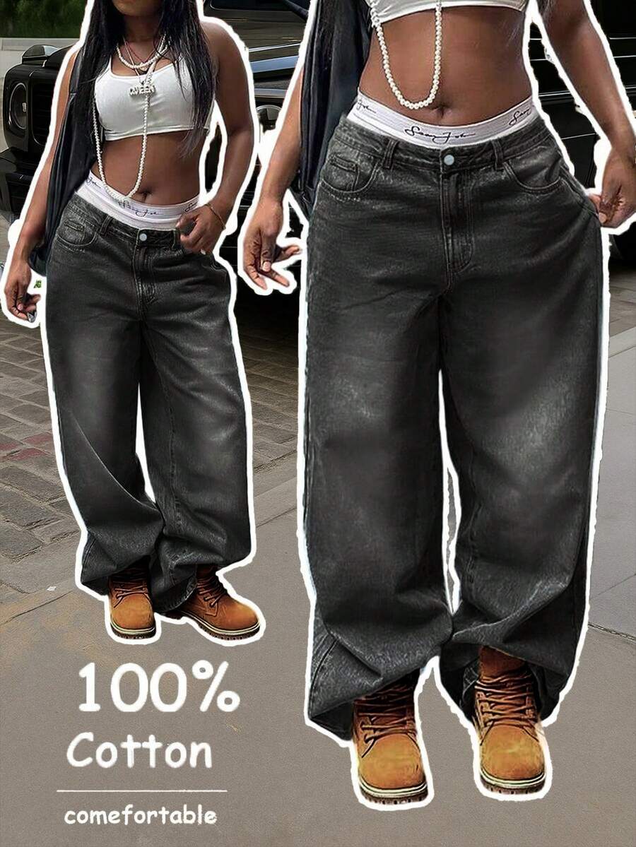 Calça jeans feminina estilo Y2K com lavagem vintage e perna larga, estilo casual de rua, outono - Cinza escuro - Ver 1