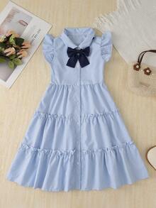 Girls Striped Dress, Big Girls Puff Sleeve Turndown Collar Mid-Length Dress, Navy Blue Bow Tie, Holiday Outfit, Summer Clothing, Travel Wear - Blue - View 3