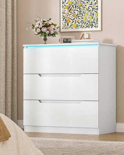HEXCELEN Cassettiera con illuminazione a LED, 3 cassetti, mobiletto illuminato, stile moderno, adatta per soggiorno e camera da letto, 40 x 70 x 80 cm, bianco