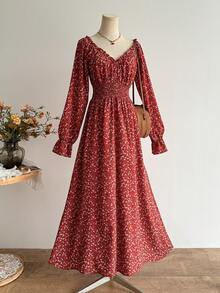 Rusttydustty Vestido boho style floral com decote em V e babados, elegante e casual, perfeito para férias e festivais de música. - Vermelho - Ver 1