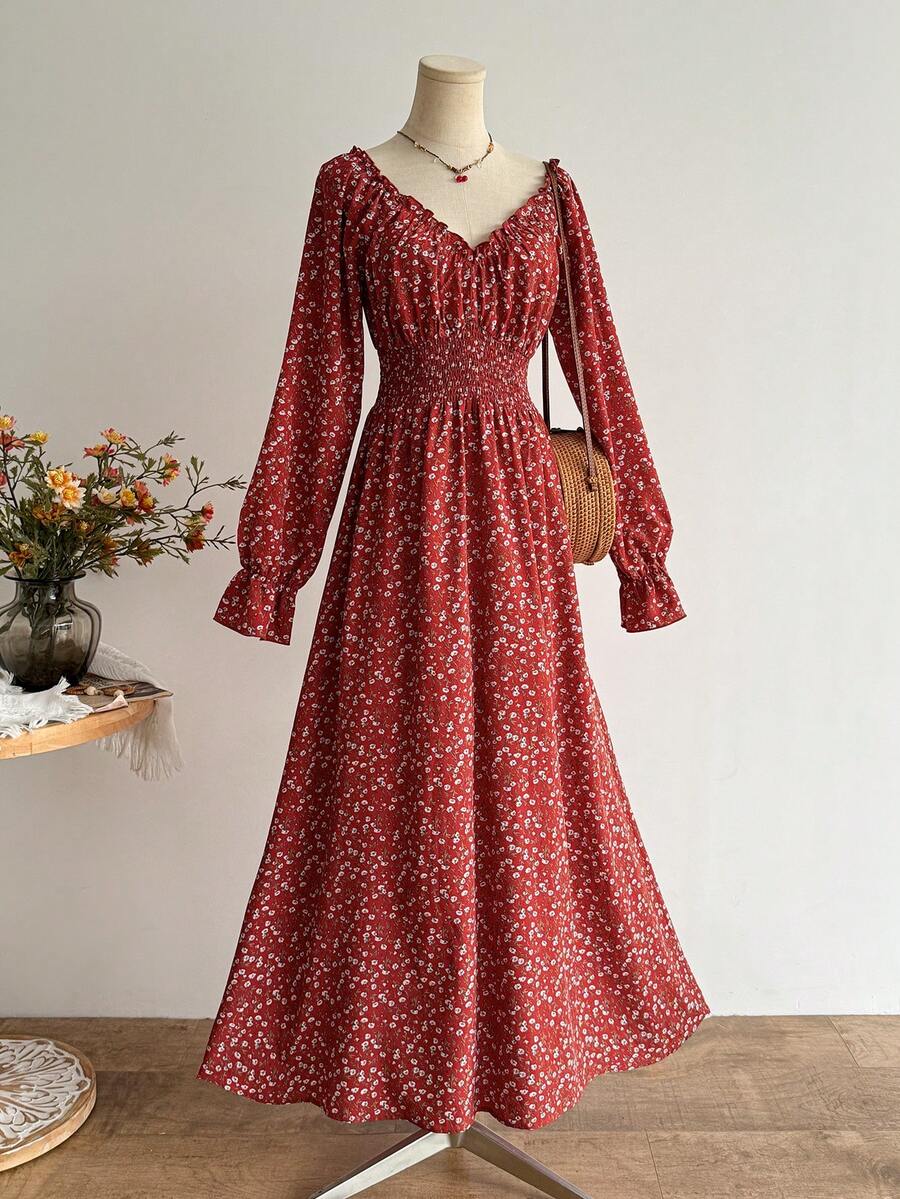 Rusttydustty Vestido boho style floral com decote em V e babados, elegante e casual, perfeito para férias e festivais de música. - Vermelho - Ver 1