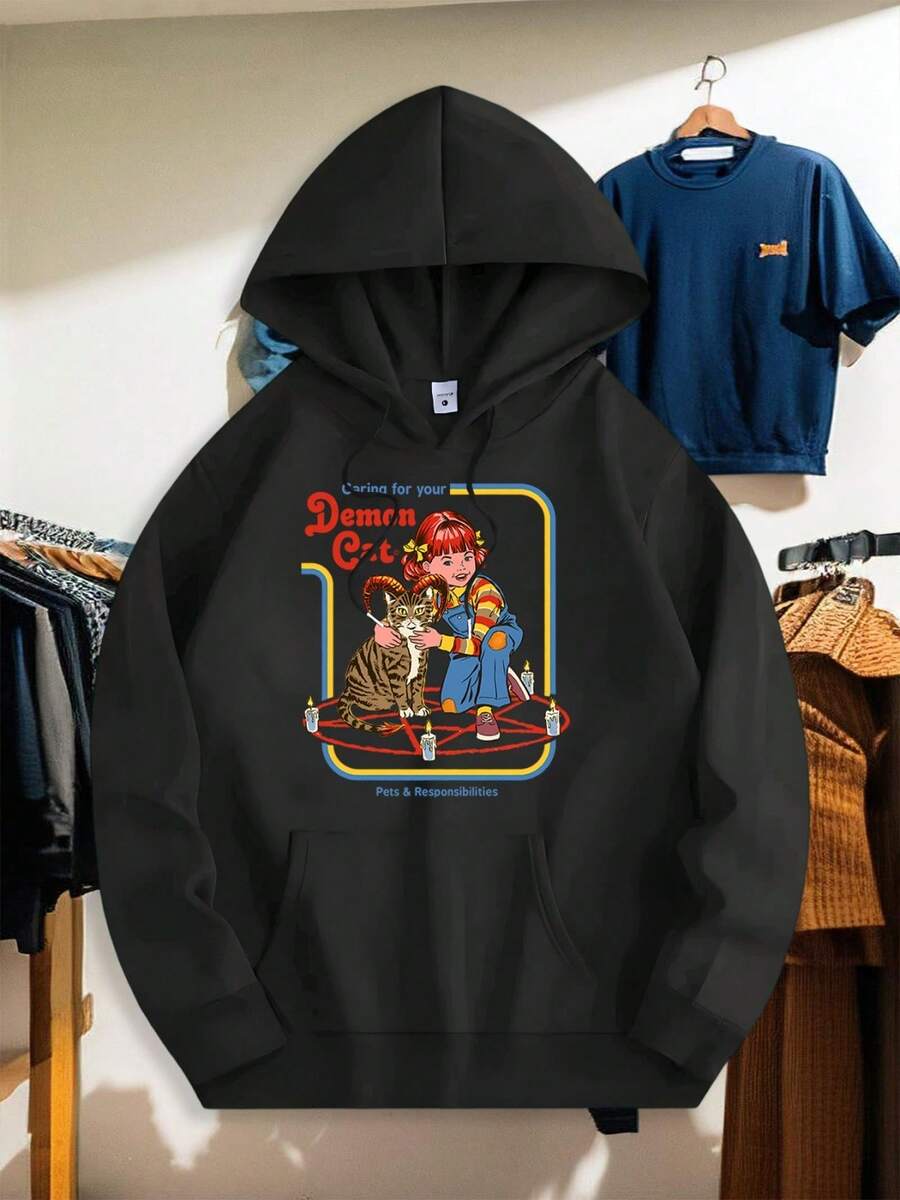 Men's Fashion Casual Sport Outdoor Sweatshirt, Fashion Hooded Top, High-Quality Warm Sweatshirt For AutumnWinter, Printed Style, Suitable For Halloween And Christmas Gifts, Seasonal Apparel, Casual Wear, Fashio - 黑色 - 查看 1