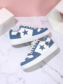 Star Design Women's Casual Sneakers, Suitable For Urban Commuting - White and Blue Stars - View 2