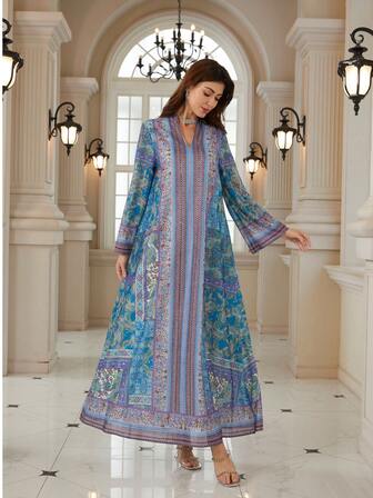 Elegant Women's Notched Neck Long Sleeve Dress, Made Of Woven Fabric With Vibrant Bohemian Print, Showcasing A Graceful Style