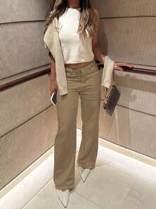 بنطلون جينز نسائي ذو ساق مستقيمة، بأزرار كلاسيكية، بنطلون جينز مع جيوب أمامية مائلة، ملابس يومية مريحة وعملية