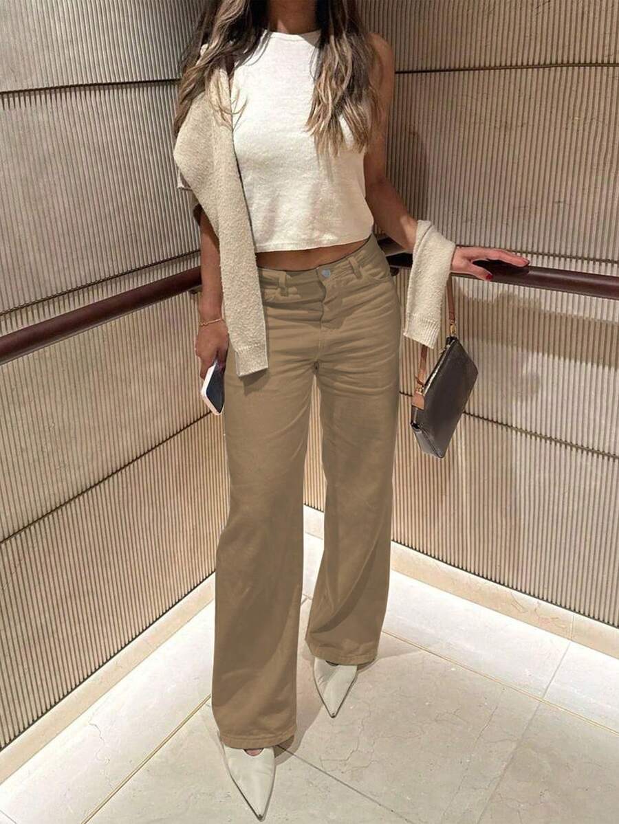 بنطلون جينز نسائي ذو ساق مستقيمة، بأزرار كلاسيكية، بنطلون جينز مع جيوب أمامية مائلة، ملابس يومية مريحة وعملية