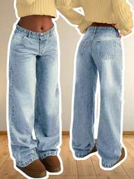 Jeans droits taille basse lavés bleu clair pour grandes tailles, pantalon casual ample rétro
