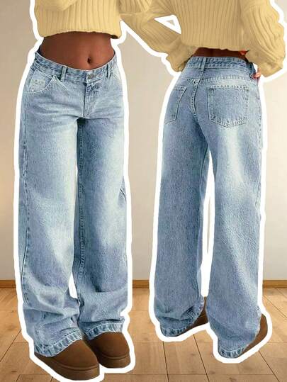 Tall Women's Light Blue Washed Low Waist Straight Leg Jeans, Retro Fashionable Loose Casual Pants
