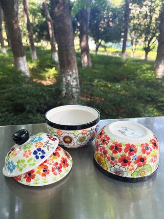 1 pieza Fuente de cerámica con tapa de 15.22oz - Tazón de sopa con tapa, baño maría, vaporera para huevos, natillas, postres, tazas de café, ideal para comidas en el hogar, sopas o dulces - Recipiente de almacenamiento de cocina, contenedor de alimentos, adecuado para almacenar sal, azúcar, dulces, maceta de cerámica vintage, olla de sopa, vaporera doméstica con tapa