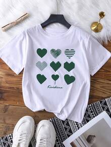 Camiseta de mujer con diseño de corazón y lema - tejido casual - blanca con corazones verdes, perfecta para primavera/verano/otoño - Blanco - Ver 1