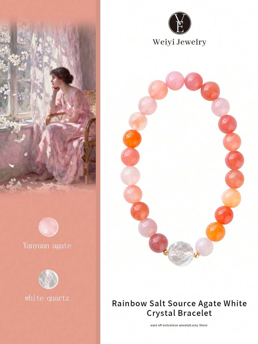 [VE] 1pc High-Quality Saltwater Agate Bracelet, Featuring Natural Saltwater Agate And Himalayan Cut White Crystal Quartz, Balances The Seven Chakras With Multicolor Saltwater Agate And Purifying White Crystal Quartz, Elegant Cut Reflects Brilliant Luster, Elastic Design For Everyday Wear, Healing Bracelet For Women. Natural Gemstone Color Varies. - Multicolor - View 1