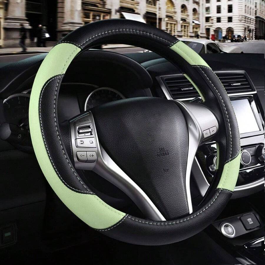 Leather Car Steering Wheel Cover, Non - Slip Car Wheel Cover Protector Breathable Microfiber Leather Universal Fit Most Beige - Green - View 1