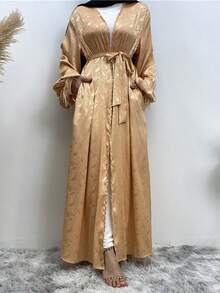 Feather Cuff Print Satin Middle Eastern Style Cardigan For Women - Gold - View 6