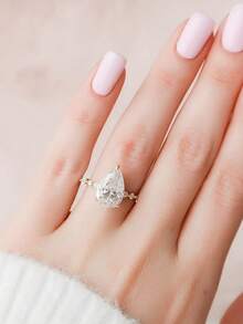 1pc S925 Sterling Silver Teardrop CZ Luxury Jewelry Ring, Wedding Engagement Gift - Silver - View 4