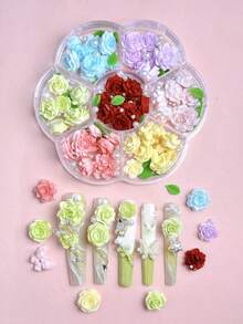 1盒随机混合树脂彩色玫瑰软花美甲饰品 3D双层蝴蝶绿叶仿珍珠美甲护理工具镊子笔可爱美甲配件 DIY美甲用品 - 彩色 - 查看 3
