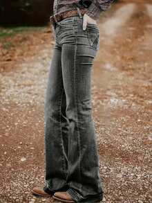 Women's Embroidered Back Pocket Flare Jeans, Elastic, All Season - Dark Grey - View 3