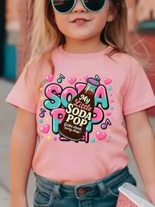 Girls' K-Pop Demon Style My Little Soda Pop Graphic T-Shirt - Cute Cartoon Print Short Sleeve Tee With Heart & Soda Can Design, Breathable Polyester Top For 3-10 Years