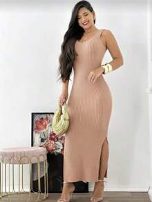 Elegant Long Knit Dress With Side Slit - Perfect For Christmas Or New Year's. - khỏa thân - Xem 1