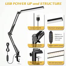 1Pc Dimmable LED Desk Lamp With Swing Arm And Clip - USB Power Supply, Eye Protection, With 3 Light Colors And Adjustable Color Temperature, Suitable For Office, Dormitory, Studio, Reading And Painting, Beauty, Nail Art, Eyelash Implantation, Hand Carving And Other Close Work. - 1 pcs - 查看 2