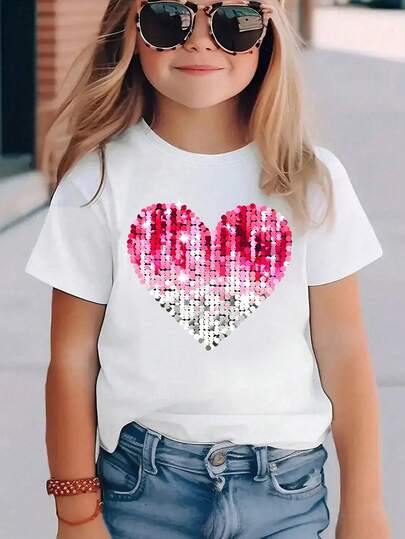 Girls' Casual Cute Sequin Heart Print Round Neck Short Sleeve T-Shirt