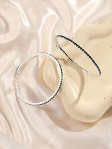 Minimalist Rhinestone Hoop Earrings For Women, Fashionable Geometric Round Circle Pendant Earrings - Peacock Blue - View 2