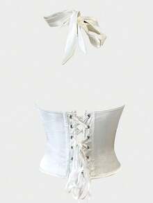 Sexy Satin Corset Tops Overbust Halter Crop Cami Tank Top Hook Front Lace Up Back Backless Boned Snatched Waist Tummy Control Shapewear For Women Christmas Thanksgiving Outfit - 白色 - 查看 7