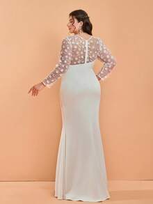 魔幻流行，新款，圆领，优雅婚纱，透视，3D立体花卉，褶皱，高开衩，长袖，修身，美人鱼款式，长裙 - 白色 - 查看 2