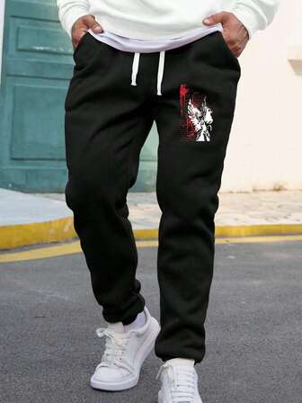 Plus Size Men's Black Jogger Pants, Retro Brand Printed Plus Size Streetwear Sweatpants