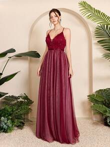 Mgiacy-Pop,New Arrival,A V-Neck Sexy,Graduation Dress, With A Three-Dimensional Floral, Embroidered ,Patchwork Mesh,Contrasting Colors - Burgundy - View 4