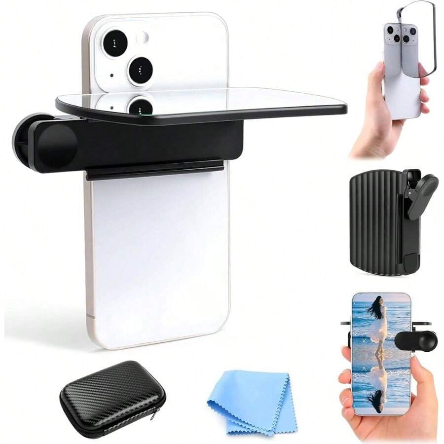 Kit de reflexin de espejo para telfono, versin de telfono inteligente, espejo de cmara de espejo, clip de reflexin, abrazadera de reflexin ajustable para tomar fotos de espejo negro - negro - - Ver 1