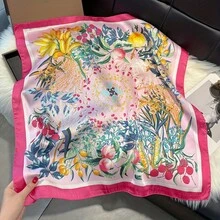 1pc 27.56inch Square Scarf - Vibrant Tropical Fruit And Plant Pattern, Pink & Colorful Fashionable Lightweight Non-Elastic Women's Scarf, Suitable For Travel And Daily Casual Wear, Headwear Square Scarf, Decorative Fabric Accessory - 玫紅色 - 查看 3