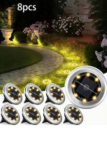 Circular Solar Floor Lamp, 8/16/24 Pieces, 8LED Ultra-Bright Solar Outdoor IP44 Waterproof Courtyard Driveway Sidewalk Landscape Lamp, Outdoor Garden Ground Plug Lamp Lighting, Ground Buried Lamp, Terrace Swimming Pool Step Lamp, Solar Automatic Sensor Lighting - 800mah - 暖光 - 查看 11