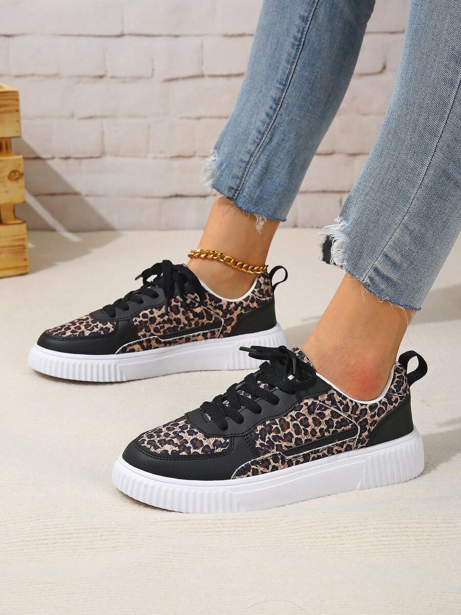 Élégantes baskets mode pour femmes - Respirantes, légères, à lacets avec imprimé floral, semelle en EVA confortable pour toutes les saisons - Léopard noir - Voir 1