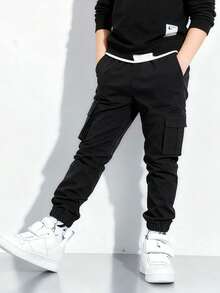 2 piezas Pantalones cargo minimalistas y modernos con múltiples bolsillos para niños pequeños, diseño versátil y deportivo (El tamaño real es talla grande pequeño, se sugiere pedir una talla talla grande grande según la imagen) - Multicolor - Ver 4