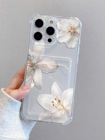 1pc Transparent TPU Phone Case With White Lily Flower Pattern, Compatible With IPhone XS/XS Max/XR/11 12 13 14 15 16 Pro/17/Pro Max/14 15 16 Plus, Can Hold Cards And Photos, Ideal For Holiday Gifts