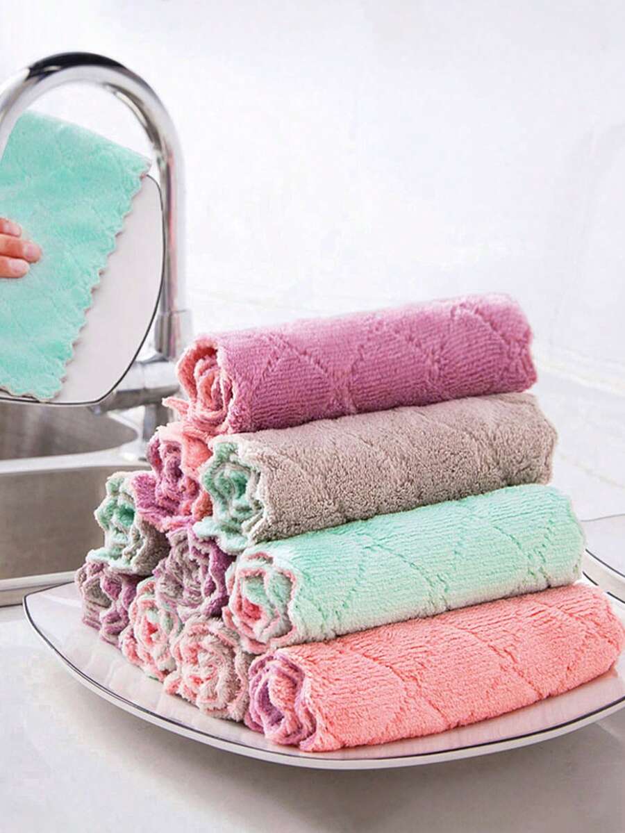 1/5/12pcs Cleaning Cloth, Thickened Dishwashing Cloth, Household Absorbent And Non Shedding Dishwashing Cloth, Kitchen Supplies - Multicolor - View 1