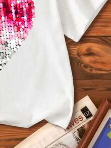 女童休闲可爱亮片爱心印花圆领短袖T恤 - 白色 - 查看 5