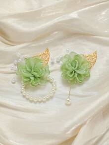 1pc/2pcs Green Rose Flower With Golden Leaves Beaded Brooch And Wristband, Suitable For Groom, Bride, Groomsman, Bridesmaid, Wedding Decoration, Banquet, Party, Travel Souvenir - Green - View 2