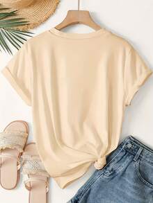 An Elegant Women'S T-Shirt Featuring A One-Piece Van Gogh Oil Painting Design, With English Letter Slogans And Impressionist Prints, Perfect For Spring And Summer Sports Vacations. This Casual And Stylish Vintage Top Is Loose-Fitting And Flattering  Oversized Graphic Tee,Ladies Cute Egg Graphic Casual Crew Neck Tee,Women's Y2K Aesthetic Print Short Sleeve Top - 杏色 - 查看 2