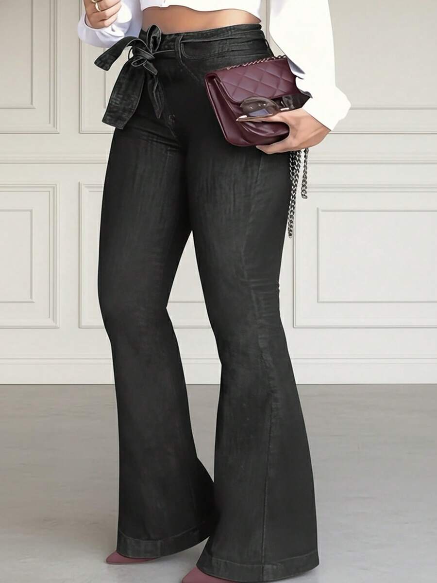 Roupas de outono femininas plus size cor sólida com cinto elástico jeans flare para uso casual diário