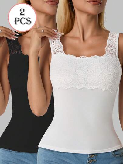 2pcs Women Black Solid Color Lace Trim Decor Square Neck Sleeveless Camisole Tank Top