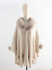 1件女士秋冬新款针织开衫，仿貂毛领，大码时尚宽松斗篷外套 - 彩色 - 查看 8